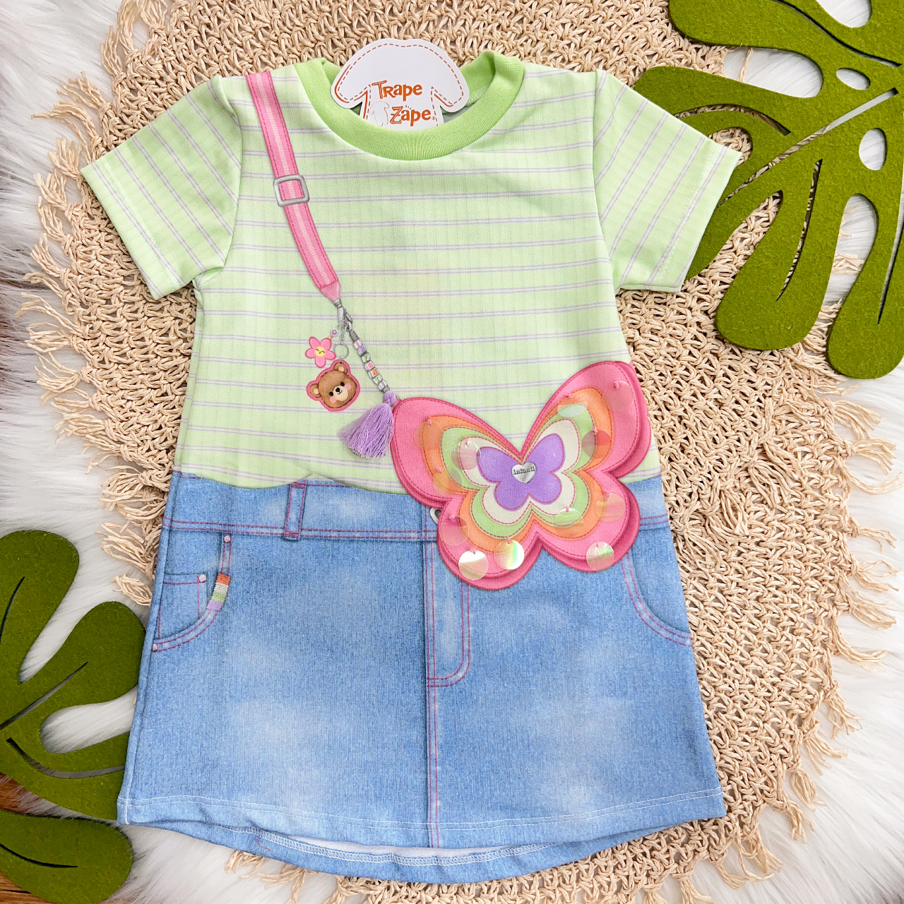 Vestido Manga Curta Bolsinha de Borboleta - Verde
